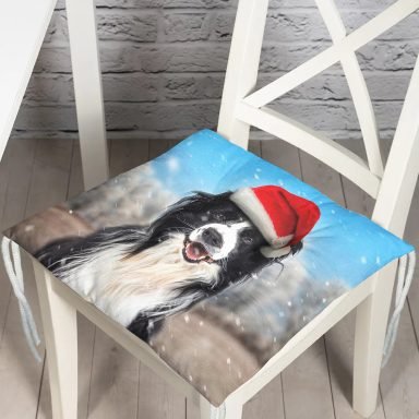 Yılbaşı Şapkalı Köpek Desenli Dijital Baskılı Modern Pofidik Sandalye Minderi