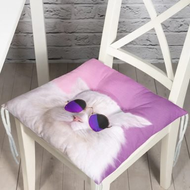 Gözlüklü Kedi Desenli Dijital Baskılı Modern Pofidik Sandalye Minderi