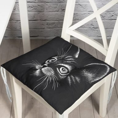 Siyah Beyaz Sevimli Kedi Dijital Baskılı Modern Pofidik Sandalye Minderi