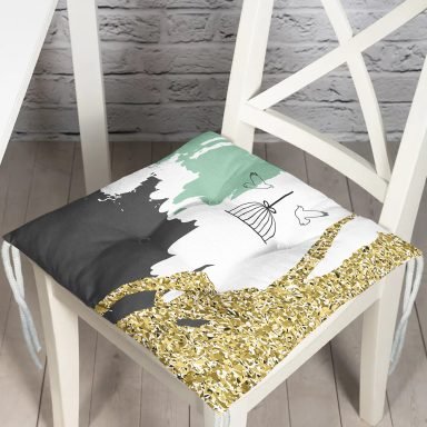 Kafes Ve Kuş Motifli Gold Modern Motifler Dijital Baskılı Modern Pofidik Sandalye Minderi