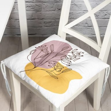 Sarı Pudra Renkli İnce Dal Motifli Dijital Baskılı Modern Pofidik Sandalye Minderi