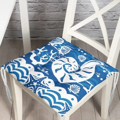 Mavi Zeminli Deniz Feneri Desenli Dijital Baskılı Modern Pofidik Sandalye Minderi