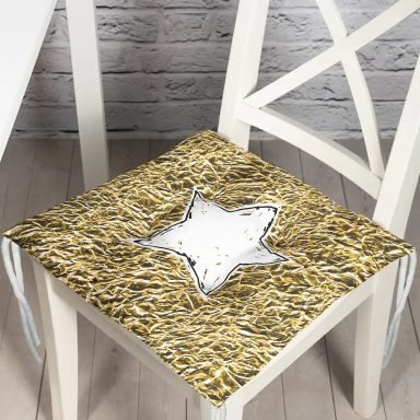 Gold Zeminli Beyaz Yıldız Desenli Dijital Baskılı Modern Pofidik Sandalye Minderi
