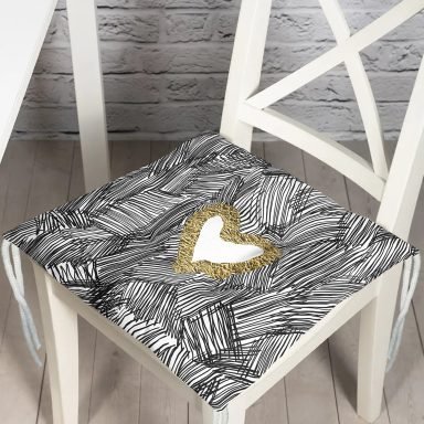 Siyah Onedraw Çizimli Gold Renkli Kalp Desenli Dijital Baskılı Modern Pofidik Sandalye Minderi