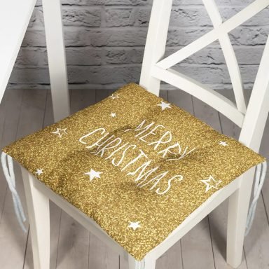 Gold Zeminde Merry Christmas Yazılı Dijital Baskılı Modern Pofidik Sandalye Minderi