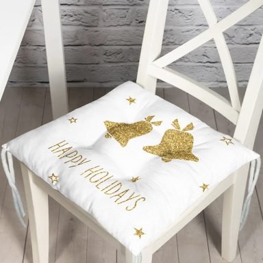 Beyaz Zeminde Gold Renkli Çan Desenli Dijital Baskılı Modern Pofidik Sandalye Minderi