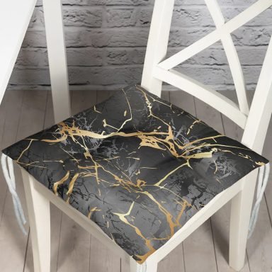 Siyah Zeminde Gold Renkli Çizim Desenli Dijital Baskılı Modern Pofidik Sandalye Minderi