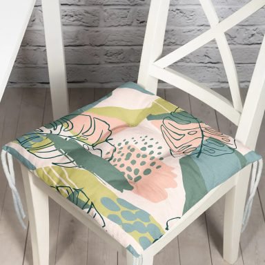 Soft Renkli Zeminde Onedraw Çizimli Yaprak Motifli Dijital Baskılı Modern Pofidik Sandalye Minderi