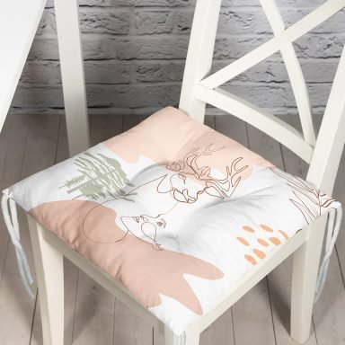 Beyaz Zeminde Geyik Desenli Bayan Silüeti Dijital Baskılı Modern Pofidik Sandalye Minderi
