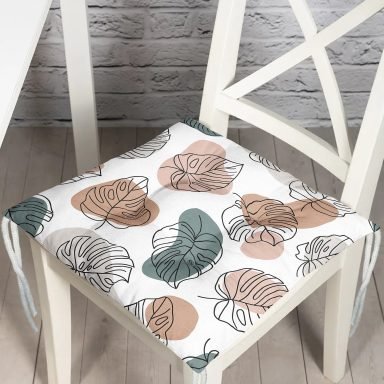Beyaz Zeminli Onedraw Çizimli Yaprak Motifli Dijital Baskılı Modern Pofidik Sandalye Minderi
