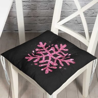 Siyah Zeminli Pembe Renkli Kar tanesi Desenli Dijital Baskılı Modern Pofidik Sandalye Minderi