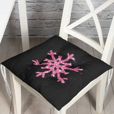 Siyah Zeminli Pembe Renkli Kar tanesi Desenli Dijital Baskılı Modern Pofidik Sandalye Minderi