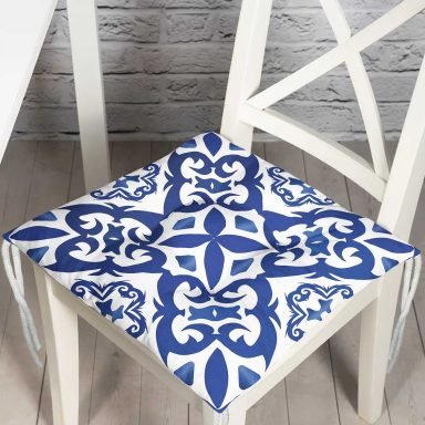 Beyaz Zeminli Çini Desenli Dijital Baskılı Modern Pofidik Sandalye Minderi