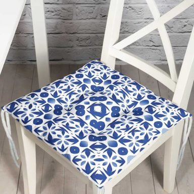 Beyaz Zeminli Çini Desenli Dijital Baskılı Modern Pofidik Sandalye Minderi