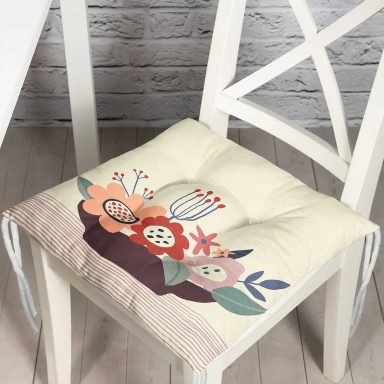 Renkli Zeminli Onedraw Çizimli Çiçek Desenli Dijital Baskılı Modern Pofidik Sandalye Minderi