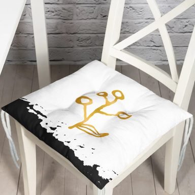 Beyaz Zeminde Gold Renkli Onedraw Çizimli Çiçek Desenli Dijital Baskılı Modern Pofidik Sandalye Minderi