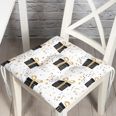 Beyaz Zemin Üzerinde Gold Detaylı Hediye Paketi Desenli Dijital Baskılı Modern Pofidik Sandalye Minderi