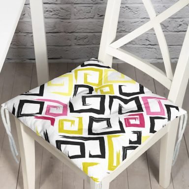 Beyaz Zemin Üzerinde Renkli Modern Geometrik Desenli Dijital Baskılı Modern Pofidik Sandalye Minderi