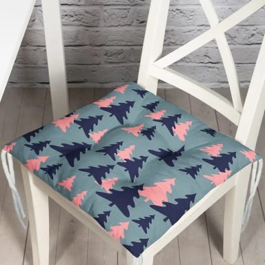 Renkli Zeminde Pastel Renkli Siyah Çam Ağacı Desenli Dijital Baskılı Modern Pofidik Sandalye Minderi