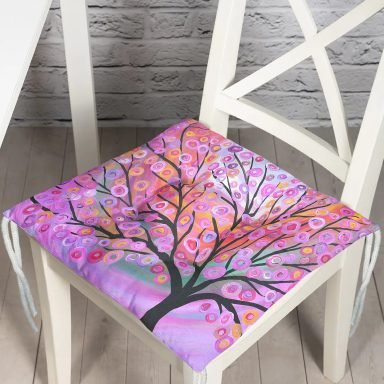 Pembe Zeminde Ağaç Ve Yaprak Desenli Dijital Baskılı Modern Pofidik Sandalye Minderi