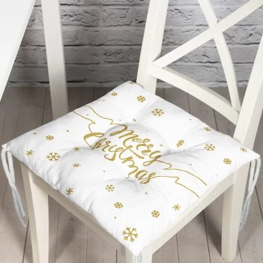 Beyaz Zeminde Gold Detaylı Kar Taneli Merry Christmas Yazılı Dijital Baskılı Modern Pofidik Sandalye Minderi
