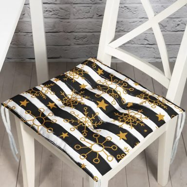 Beyaz Zeminde Siyah Modern Çizgili Gold Desenli Kar tanesi Dijital Baskılı Modern Pofidik Sandalye Minderi