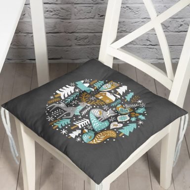 Pastel Zemin Üzerinde Yılbaşı Desenli Dijital Baskılı Modern Pofidik Sandalye Minderi