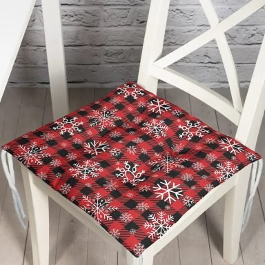 Kırmızı Ekose Desenli Kar tanesi Motifli Dijital Baskılı Modern Pofidik Sandalye Minderi