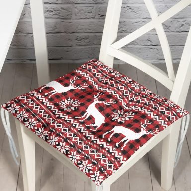 Kırmızı Ekose Desenli Geyik Motifli Dijital Baskılı Modern Pofidik Sandalye Minderi