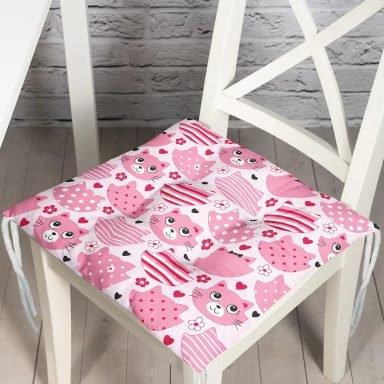 Pembe Kedi Figürlü Baskılı Modern Pofidik Sandalye Minderi