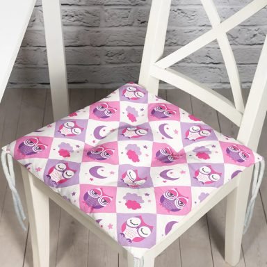 Pembe Renkli Baykuş Temalı Dijital Baskılı Modern Pofidik Sandalye Minderi
