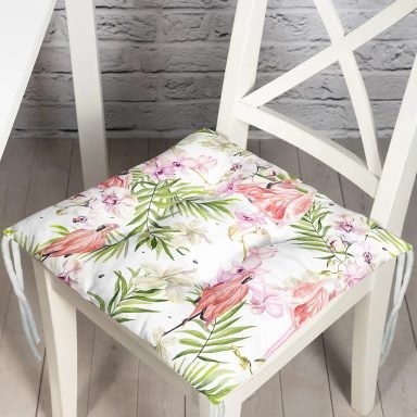 Beyaz Zeminde Çiçek Ve Flamingo Motifli Dijital Baskılı Modern Pofidik Sandalye Minderi