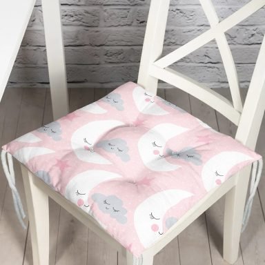Pembe Zeminde Ay Figürlü Dijital Baskılı Özel Tasarım Modern Pofidik Sandalye Minderi