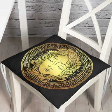 RealHomes Özel Tasarım Siyah Zeminde Gold Medusa Dekoratif Pofidik Sandalye Minderi