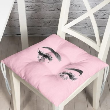 RealHomes Pembe Zeminde Kirpik Motifli Özel Tasarım Pofidik Sandalye Minderi