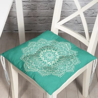 Turkuaz Zeminde Mandala Baskılı Modern Pofidik Sandalye Minderi