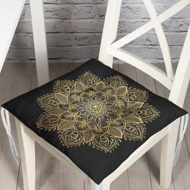 Siyah Zeminde Gold Mandala Motifli Pofidik Sandalye Minderi