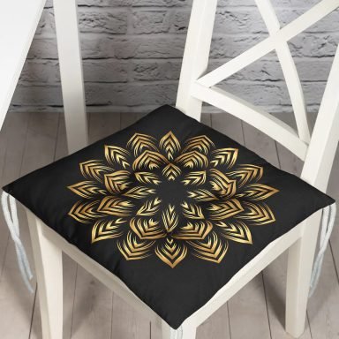 Siyah Zeminde Gold Mandala Motifli Pofidik Sandalye Minderi