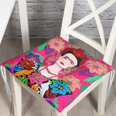 Fuşya Zeminde Frida Kahlo Motifli Özel Tasarım Pofidik Sandalye Minderi