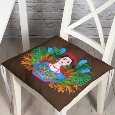 Kahverengi Zeminde Özel Tasarım Frida Kahlo Baskılı Pofidik Sandalye Minderi