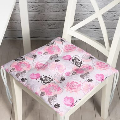 Gri Zeminde Pembe Gül Motifli Dekoratif Pofidik Sandalye Minderi