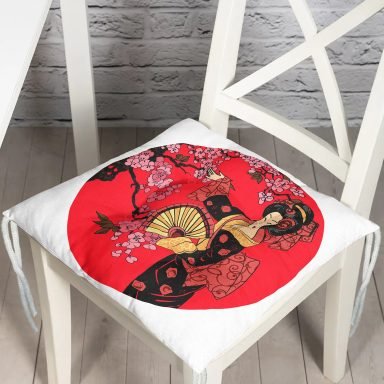 Çiçek Desenli Yelpazeli Japon Kız Motifli Modern Pofidik Sandalye Minderi