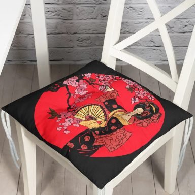 Çiçek Desenli Yelpazeli Japon Kız Motifli Modern Pofidik Sandalye Minderi