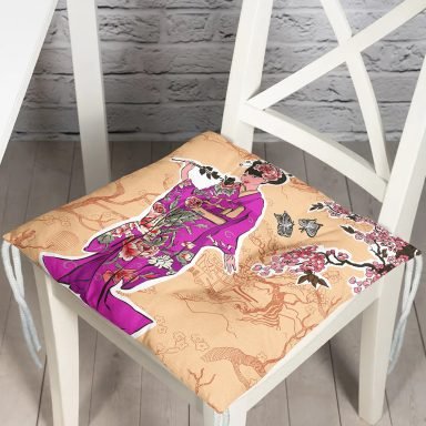 Çizgi Desen Zeminli Çiçekli Japon Kadın Motifli Modern Pofidik Sandalye Minderi