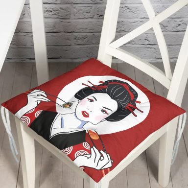 Suşi Yiyen Japon Kız Motifli Modern Pofidik Sandalye Minderi