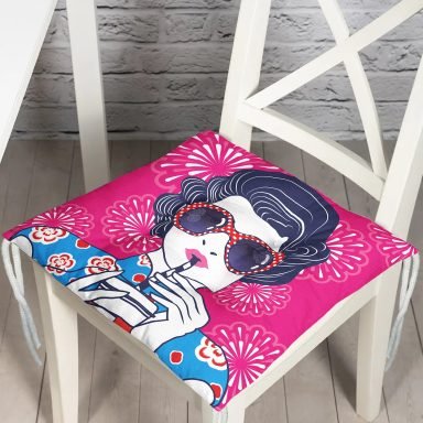 Pembe Zeminde Havai Fişek Figürlü Gözlüklü Fashion Girl Modern Pofidik Sandalye Minderi