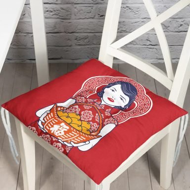Meyve Sepetli Japon Kadın Desenli Modern Pofidik Sandalye Minderi