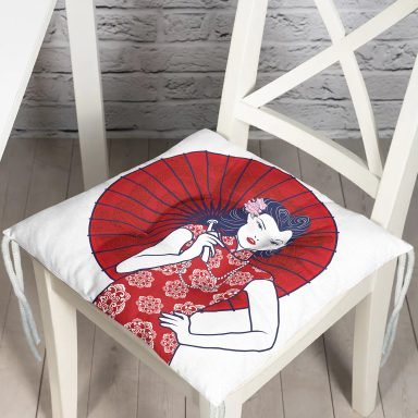 Sırtında Kırmızı Şemsiyeli Japon Kadın Motifli Pofidik Sandalye Minderi