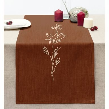 Kahve Zemin Minimalist Çizimli Dijital Baskılı Modern Dikişli Şönil Runner