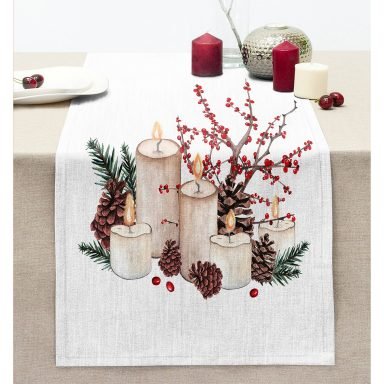 Mum & Kozalak Tasarımlı Christmas Temalı Dijital Baskılı Dekoratif Dikişli Şönil Runner